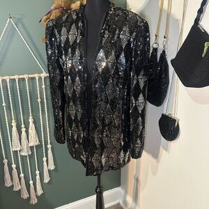 Vintage Black Silk Sequin Open Front Jacket 80s Evening Blazer Size M